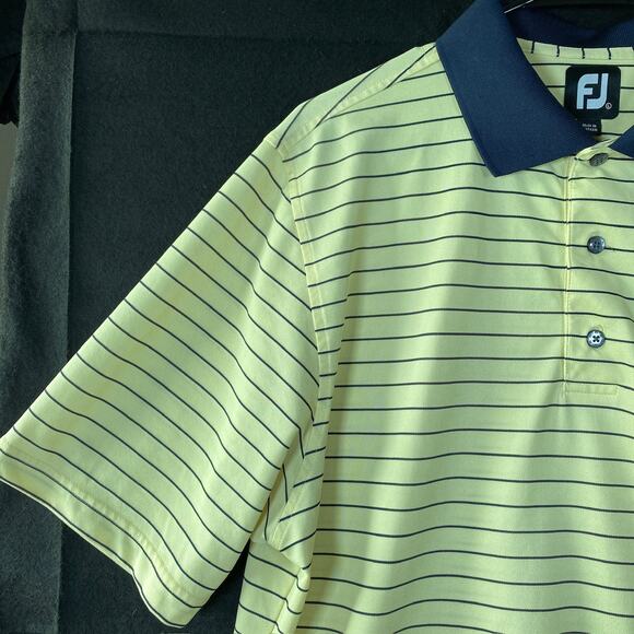 FootJoy Mens Shirt Yellow Blue Striped Golf Polo Comfort Quick Dry Stretch Large - Picture 4 of 12